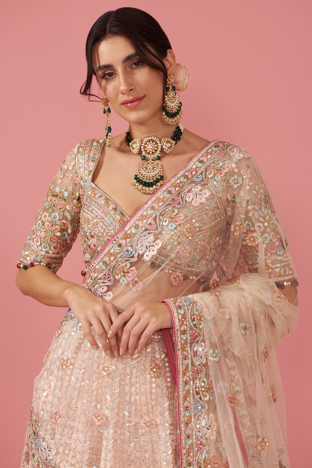 Photo of Pastel Peach Lehenga with Gold Work and Emerald Jewelry | Indian  bridal lehenga, Indian bridal wear, Indian bridal fashion