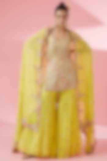 Bright Yellow Georgette Gharara Set by Tamanna Punjabi Kapoor