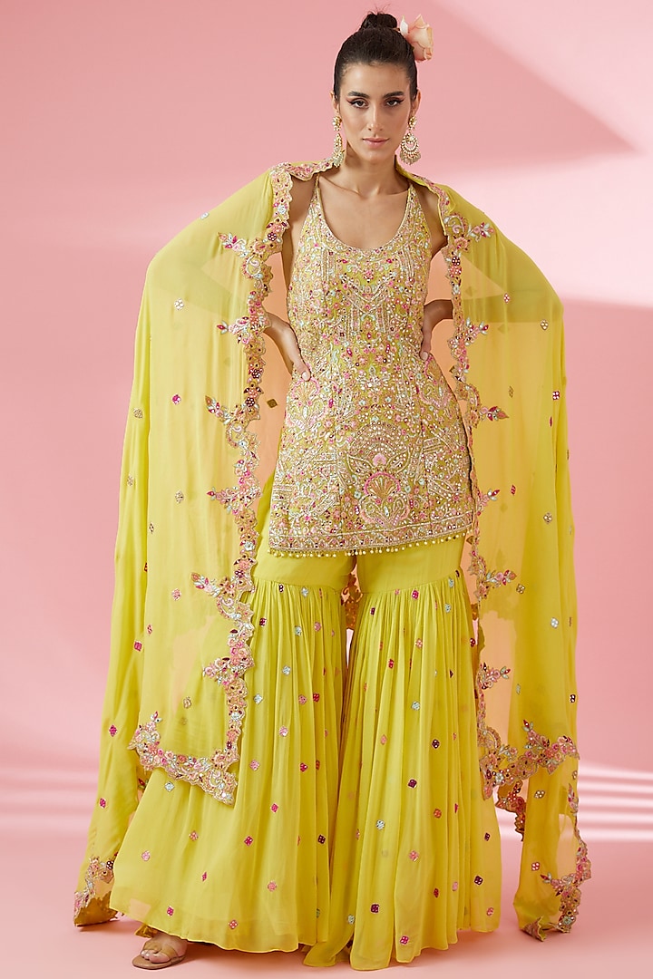 Bright Yellow Georgette Gharara Set by Tamanna Punjabi Kapoor