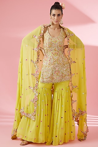Bright Yellow Georgette Gharara Set by Tamanna Punjabi Kapoor