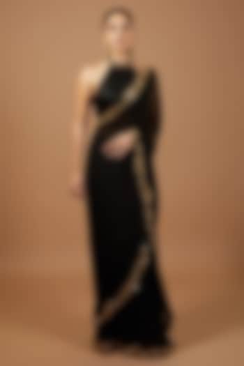 Black Georgette Cutwork Embroidered Pre-Stitched Reception Saree Set by Tamanna Punjabi Kapoor at Pernia's Pop Up Shop