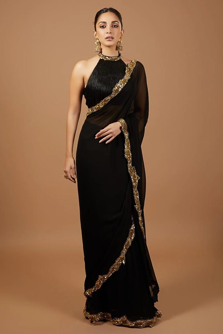 Black Georgette Cutwork Embroidered Pre-Stitched Reception Saree Set by Tamanna Punjabi Kapoor at Pernia's Pop Up Shop