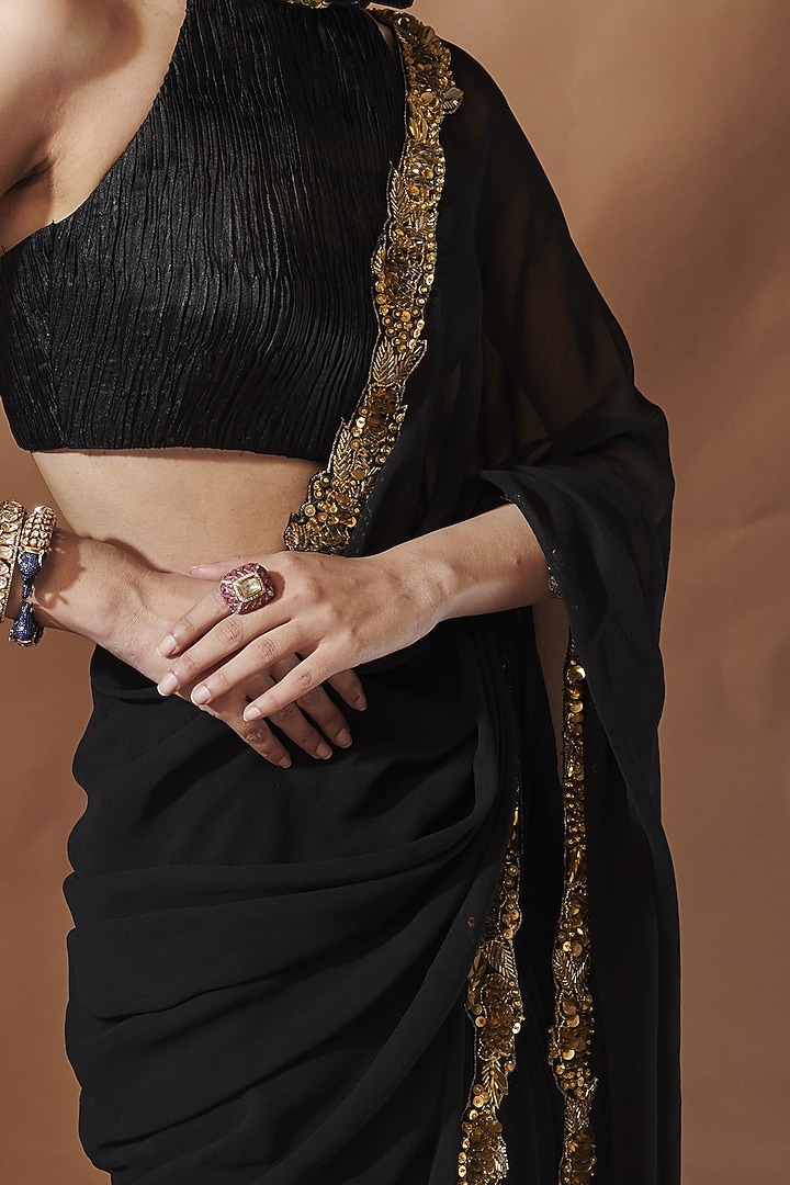 Black Georgette Cutwork Embroidered Pre-Stitched Reception Saree Set by Tamanna Punjabi Kapoor at Pernia's Pop Up Shop