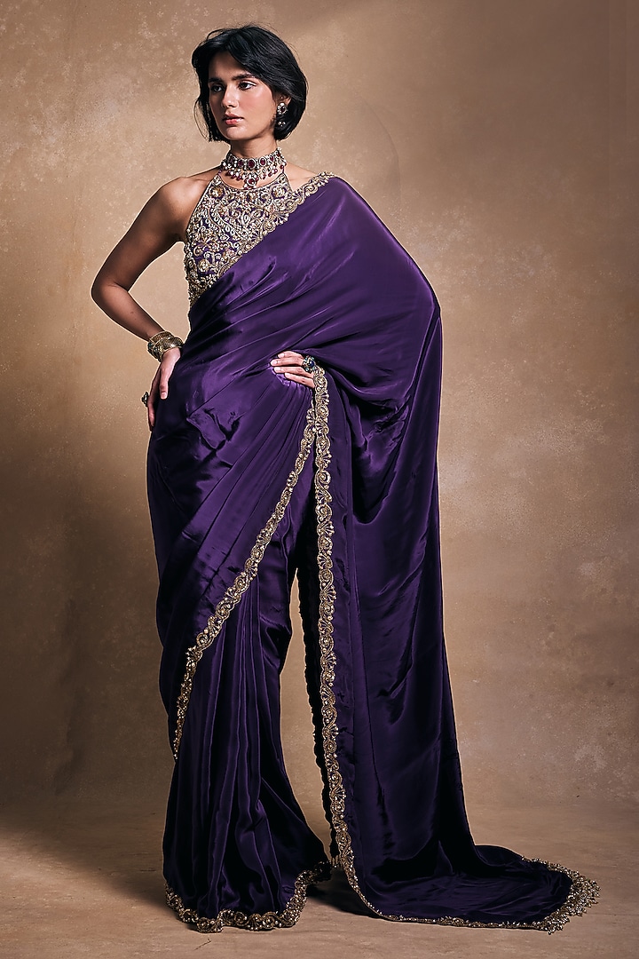 Deep Purple Crepe Hand Embroidered Reception Saree Set by Tamanna Punjabi Kapoor at Pernia's Pop Up Shop