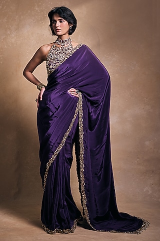 Deep Purple Crepe Hand Embroidered Saree Set by Tamanna Punjabi Kapoor