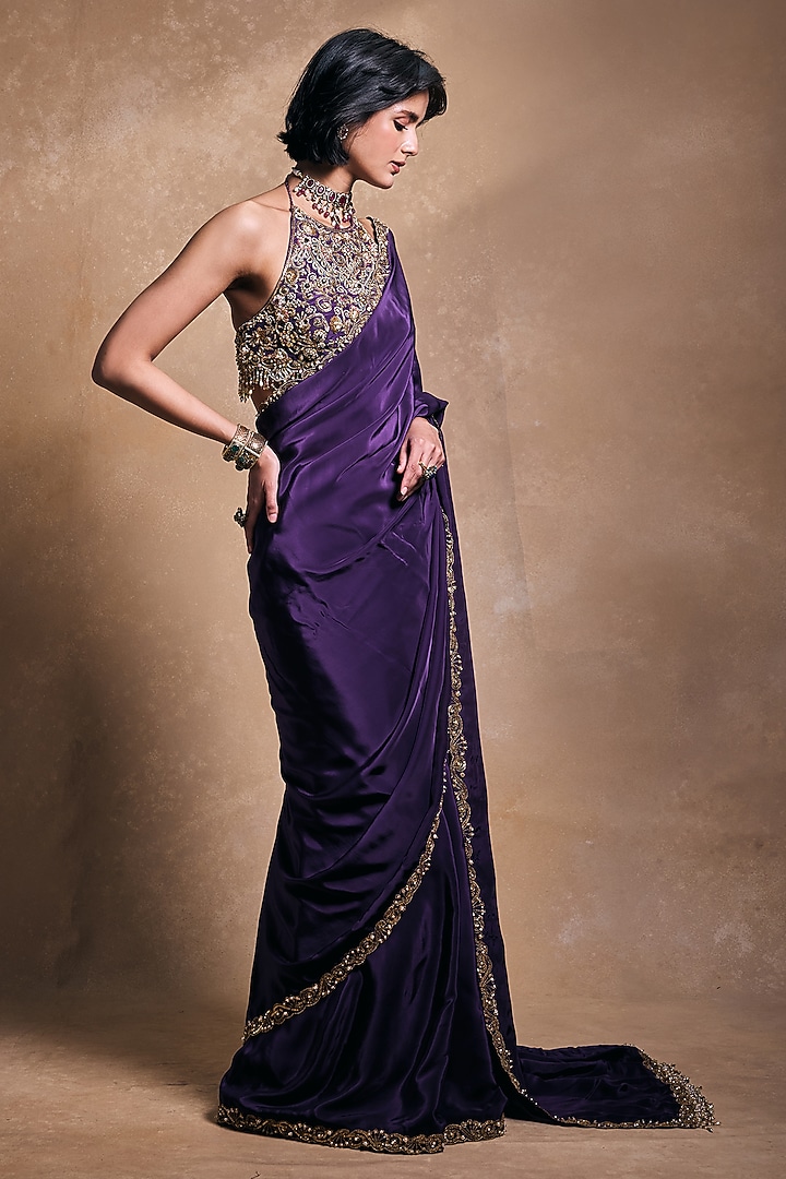 Deep Purple Crepe Hand Embroidered Reception Saree Set by Tamanna Punjabi Kapoor at Pernia's Pop Up Shop