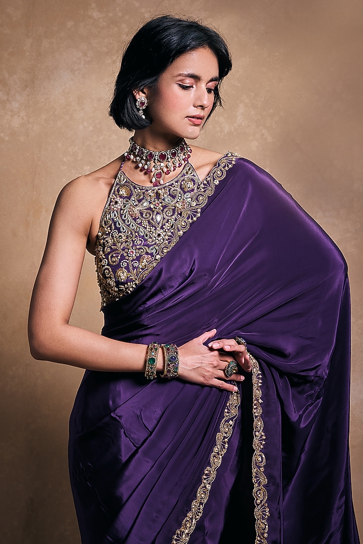 Deep Purple Crepe Hand Embroidered Reception Saree Set by Tamanna Punjabi Kapoor at Pernia's Pop Up Shop