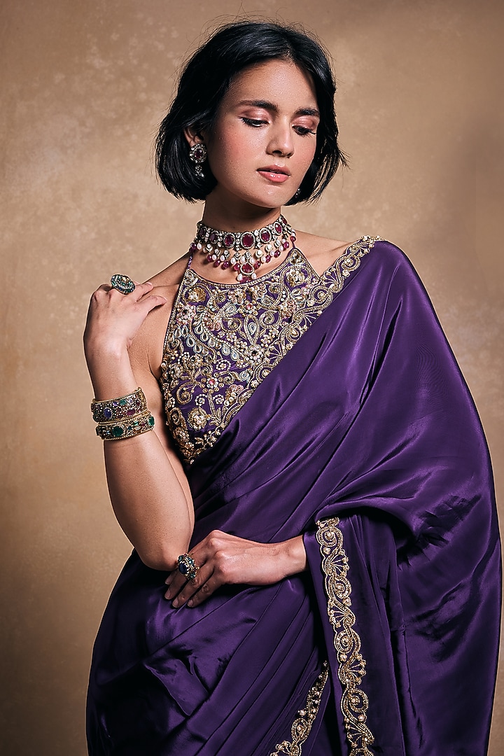 Deep Purple Crepe Hand Embroidered Reception Saree Set by Tamanna Punjabi Kapoor at Pernia's Pop Up Shop