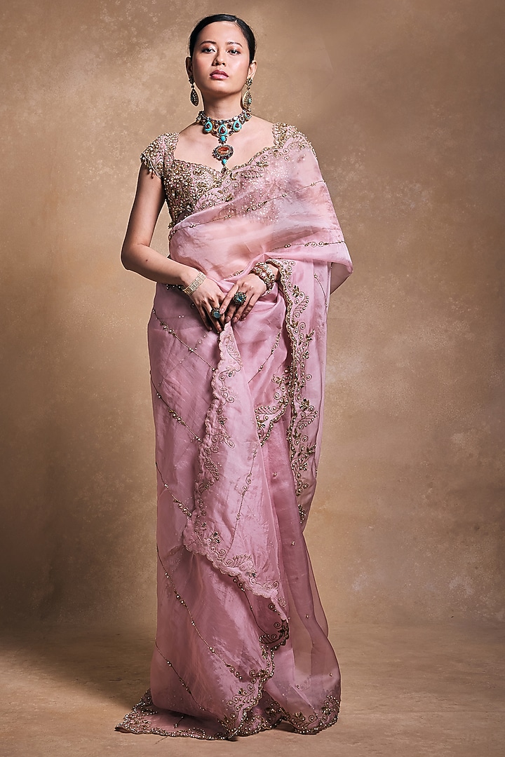 Blush Pink Organza Zari Embroidered Reception Saree Set by Tamanna Punjabi Kapoor at Pernia's Pop Up Shop
