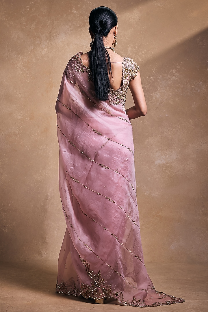Blush Pink Organza Zari Embroidered Reception Saree Set by Tamanna Punjabi Kapoor at Pernia's Pop Up Shop