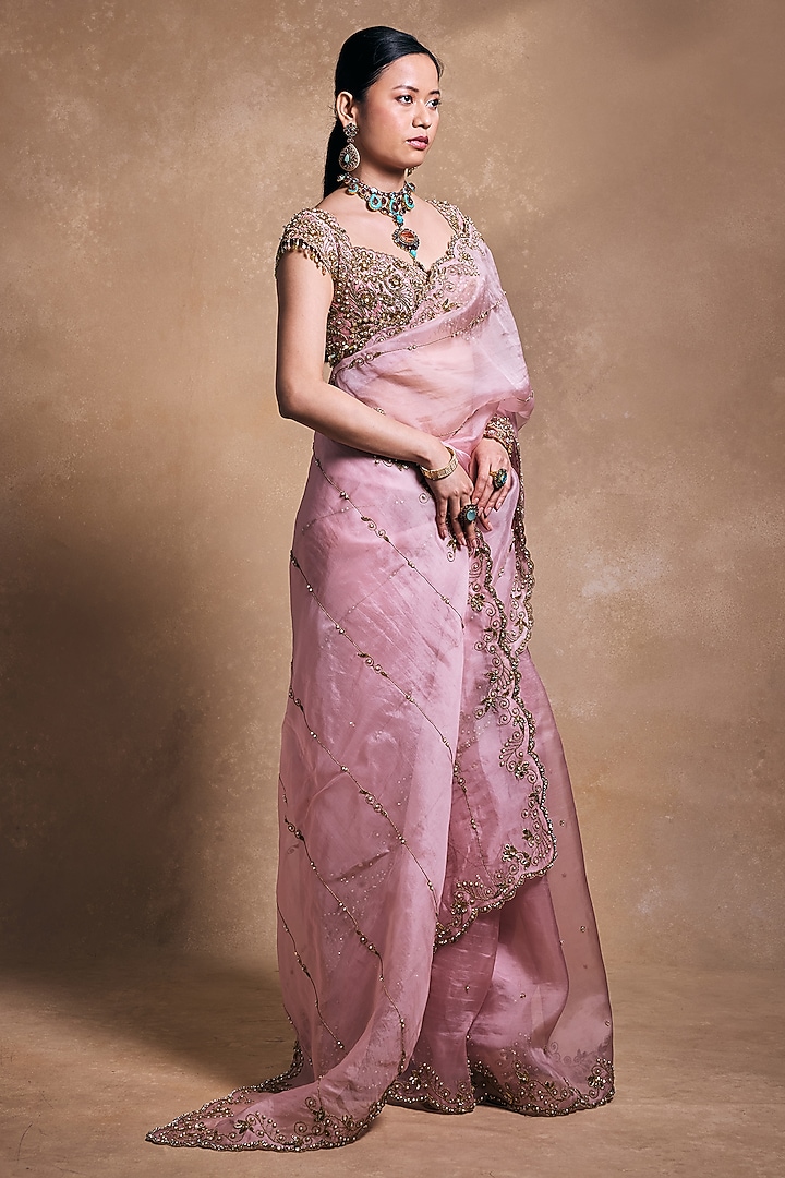 Blush Pink Organza Zari Embroidered Reception Saree Set by Tamanna Punjabi Kapoor at Pernia's Pop Up Shop