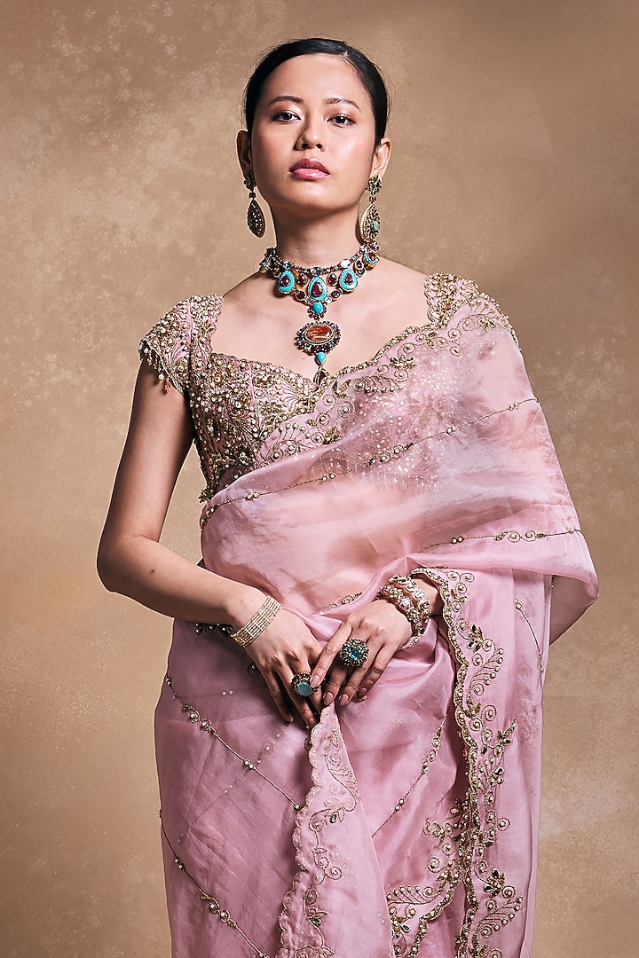 Blush Pink Organza Zari Embroidered Reception Saree Set by Tamanna Punjabi Kapoor at Pernia's Pop Up Shop