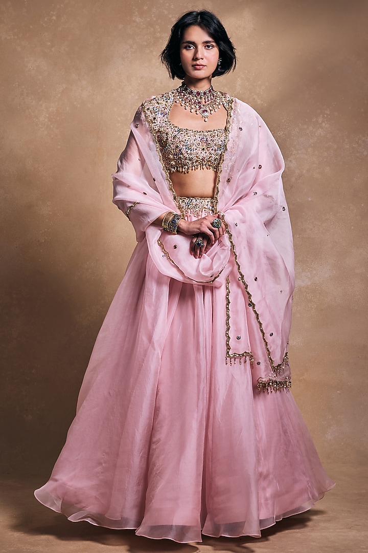 Baby Pink Raw Silk & Organza Zari Embroidered Bridal Lehenga Set by Tamanna Punjabi Kapoor at Pernia's Pop Up Shop