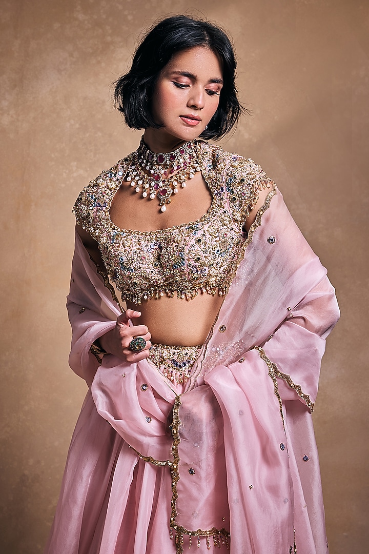 Baby Pink Raw Silk & Organza Zari Embroidered Bridal Lehenga Set by Tamanna Punjabi Kapoor at Pernia's Pop Up Shop