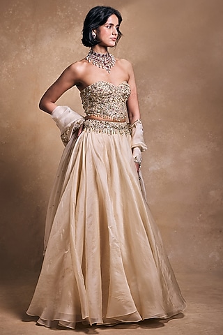 Cream Raw Silk & Organza Zari Embroidered Lehenga Set by Tamanna Punjabi Kapoor