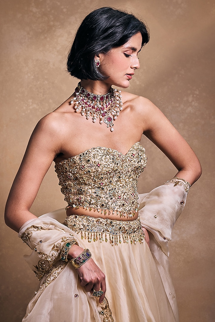Cream Raw Silk & Organza Zari Embroidered Bridal Lehenga Set by Tamanna Punjabi Kapoor at Pernia's Pop Up Shop