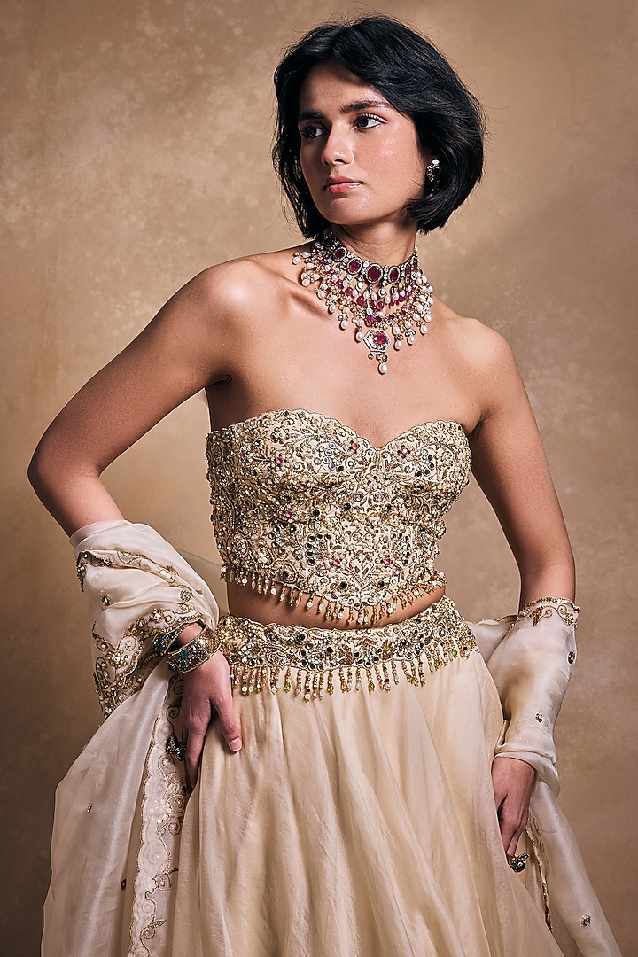 Cream Raw Silk & Organza Zari Embroidered Bridal Lehenga Set by Tamanna Punjabi Kapoor at Pernia's Pop Up Shop