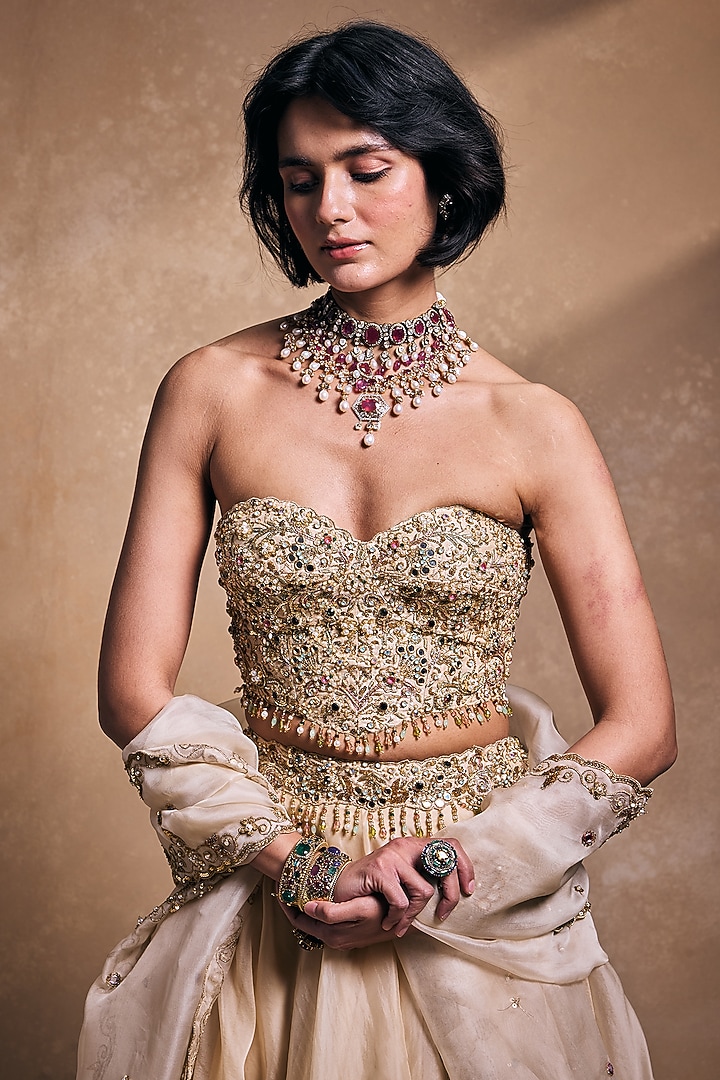 Cream Raw Silk & Organza Zari Embroidered Bridal Lehenga Set by Tamanna Punjabi Kapoor at Pernia's Pop Up Shop