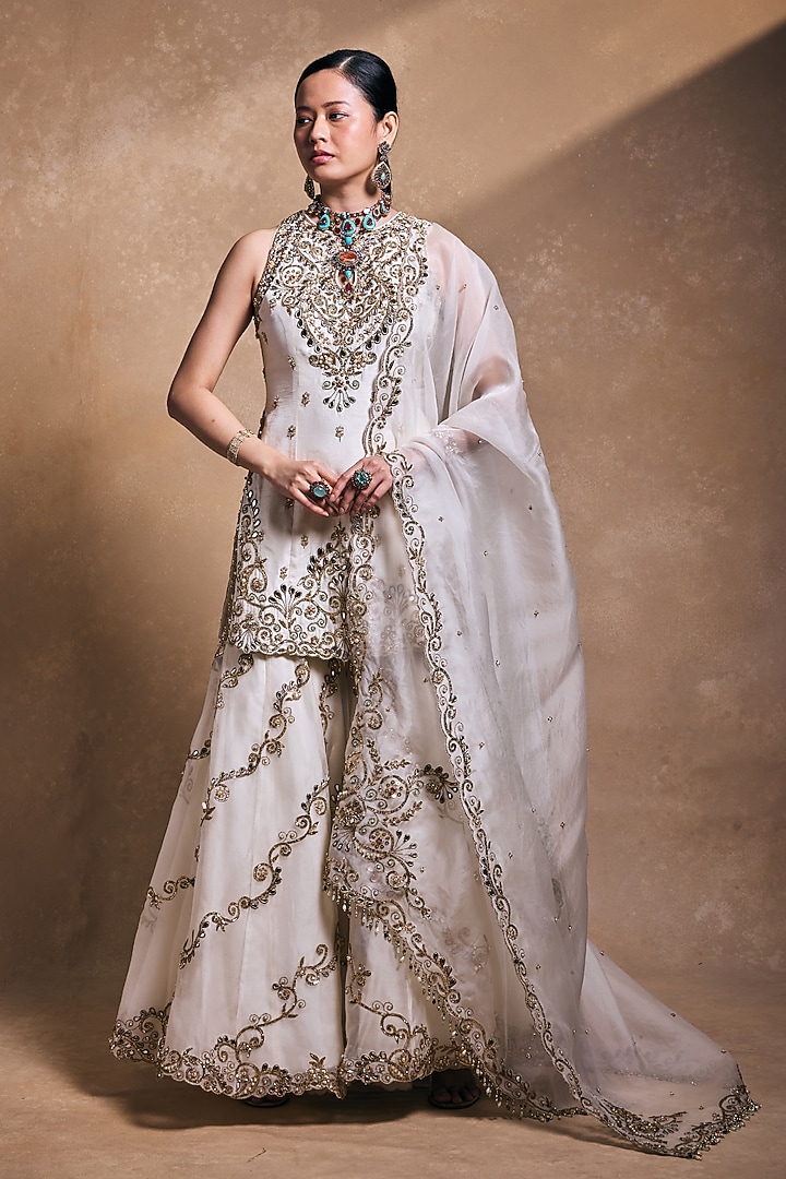 Ivory Organza & Raw Silk Zari Embroidered Gharara Set by Tamanna Punjabi Kapoor at Pernia's Pop Up Shop