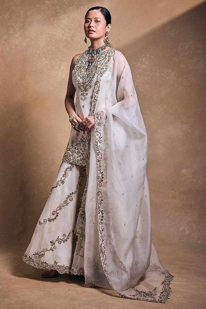 Ivory Organza & Raw Silk Zari Embroidered Gharara Set by Tamanna Punjabi Kapoor at Pernia's Pop Up Shop