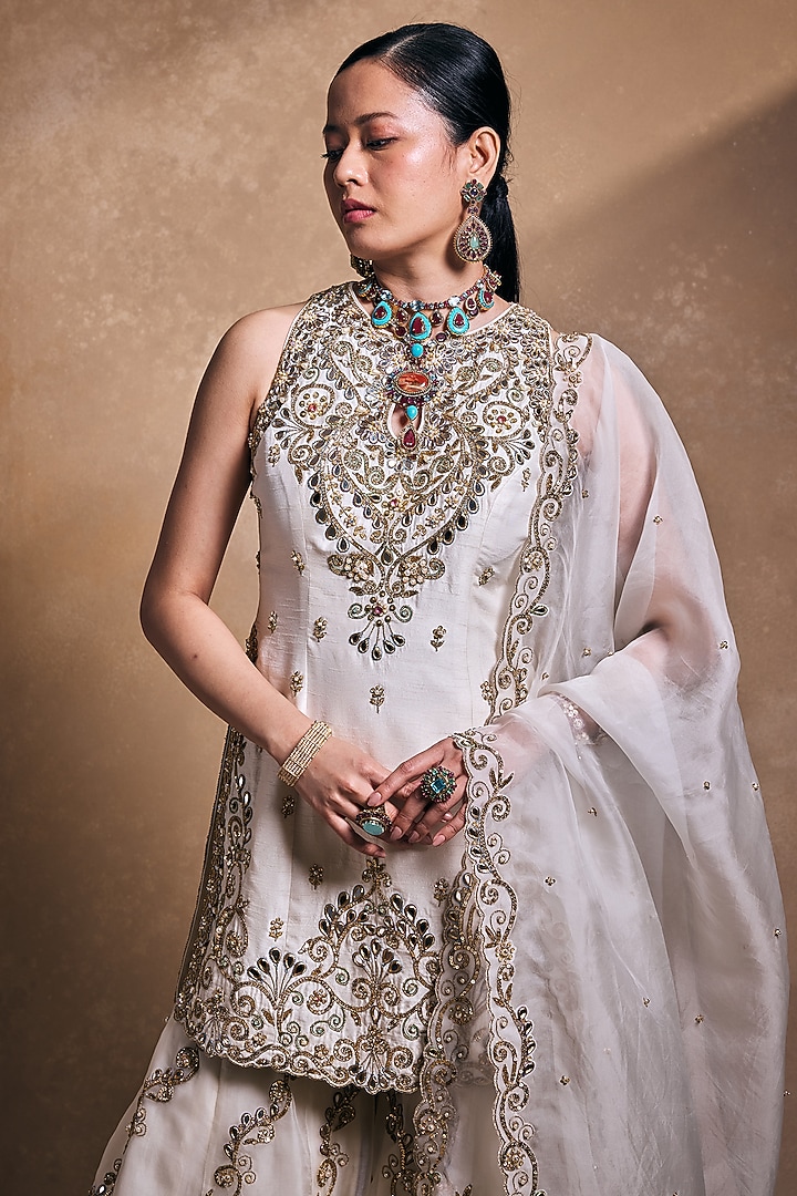 Ivory Organza & Raw Silk Zari Embroidered Gharara Set by Tamanna Punjabi Kapoor at Pernia's Pop Up Shop