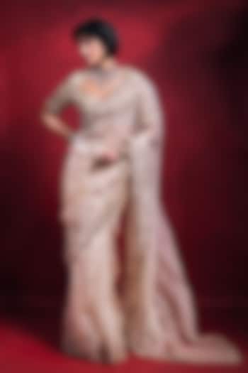 Cream Tissue & Organza Zari Embroidered Reception Saree Set by Tamanna Punjabi Kapoor at Pernia's Pop Up Shop