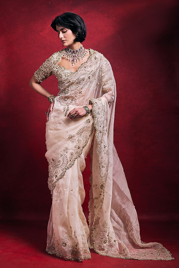 Cream Tissue & Organza Zari Embroidered Reception Saree Set by Tamanna Punjabi Kapoor at Pernia's Pop Up Shop
