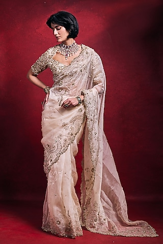 Cream Tissue & Organza Zari Embroidered Saree Set by Tamanna Punjabi Kapoor