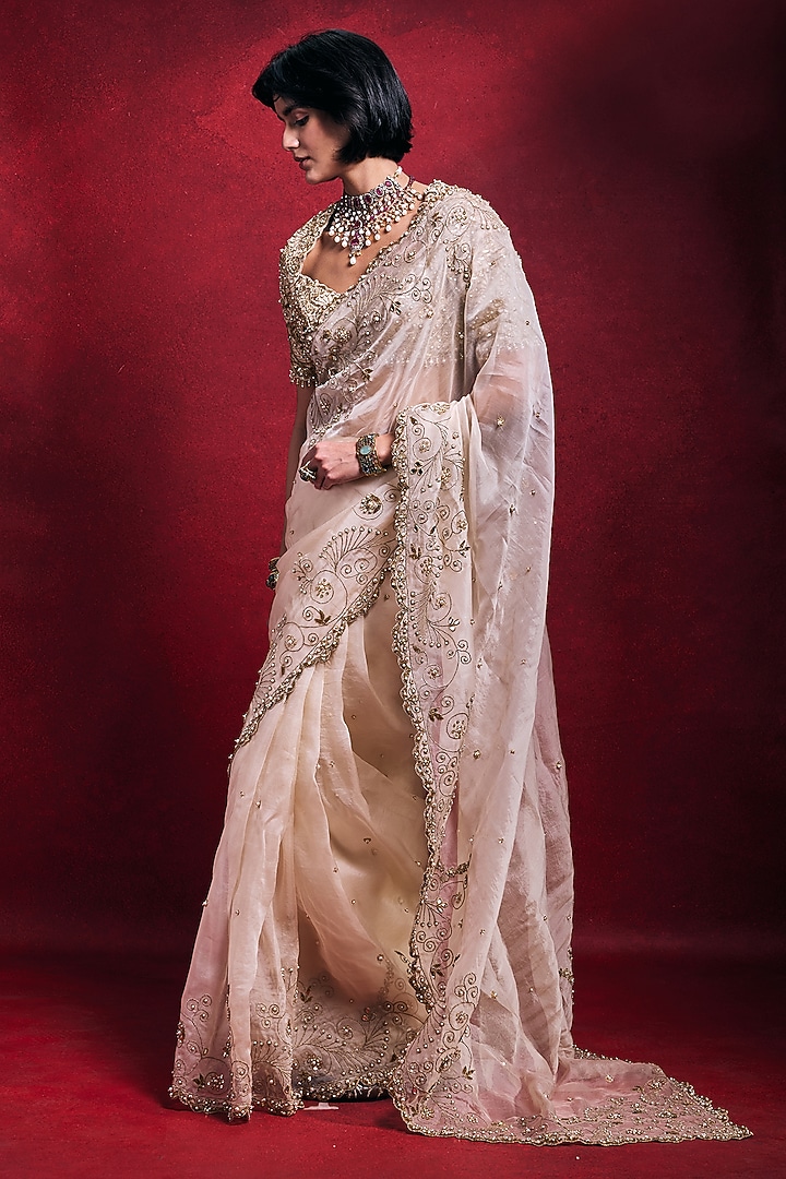 Cream Tissue & Organza Zari Embroidered Reception Saree Set by Tamanna Punjabi Kapoor at Pernia's Pop Up Shop