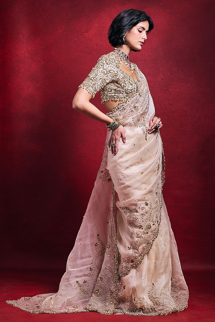 Cream Tissue & Organza Zari Embroidered Reception Saree Set by Tamanna Punjabi Kapoor at Pernia's Pop Up Shop