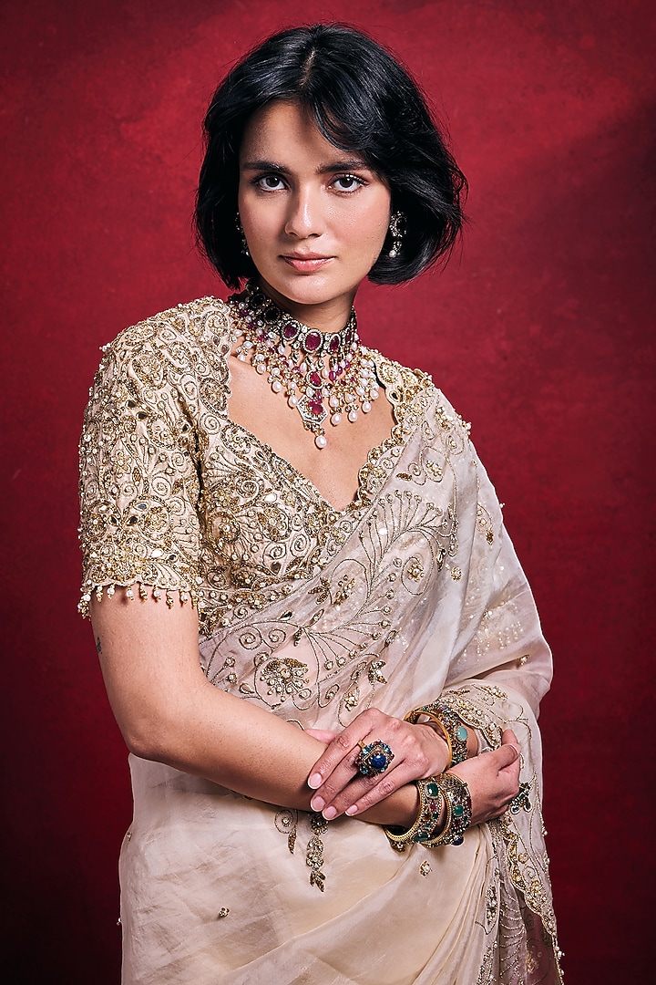Cream Tissue & Organza Zari Embroidered Reception Saree Set by Tamanna Punjabi Kapoor at Pernia's Pop Up Shop