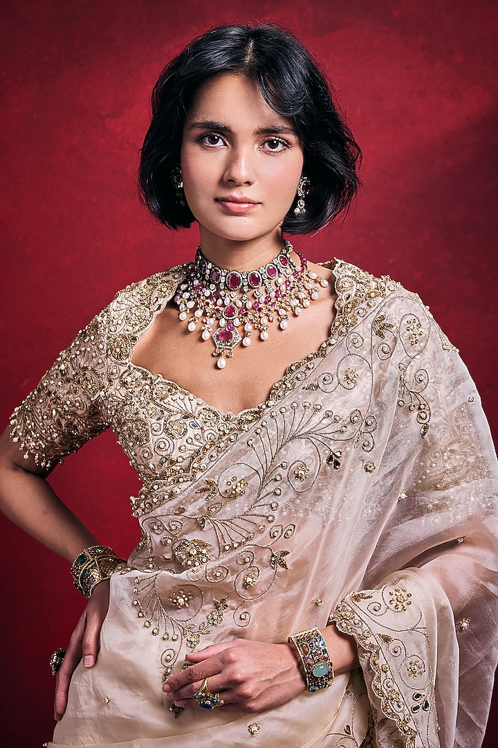 Cream Tissue & Organza Zari Embroidered Reception Saree Set by Tamanna Punjabi Kapoor at Pernia's Pop Up Shop