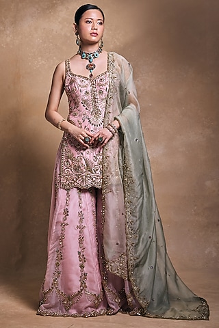 Blush Pink & Sage Green Raw Silk Embroidered Sharara Set by Tamanna Punjabi Kapoor