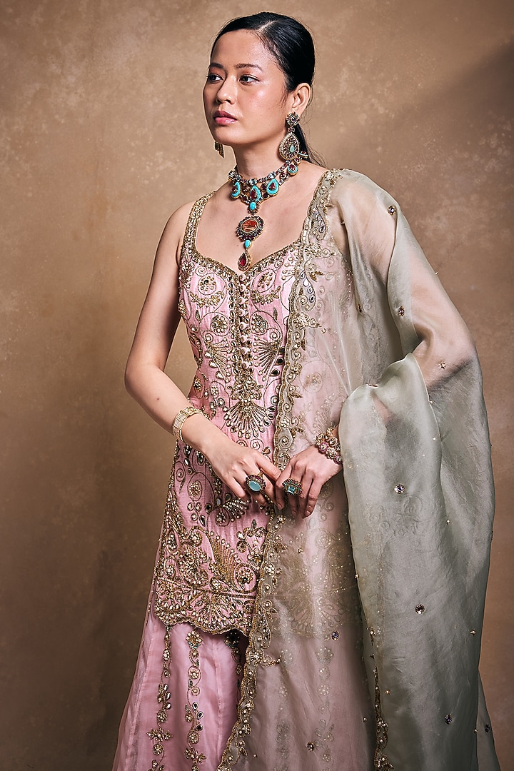 Blush Pink & Sage Green Raw Silk Embroidered Bridal Sharara Set by Tamanna Punjabi Kapoor at Pernia's Pop Up Shop