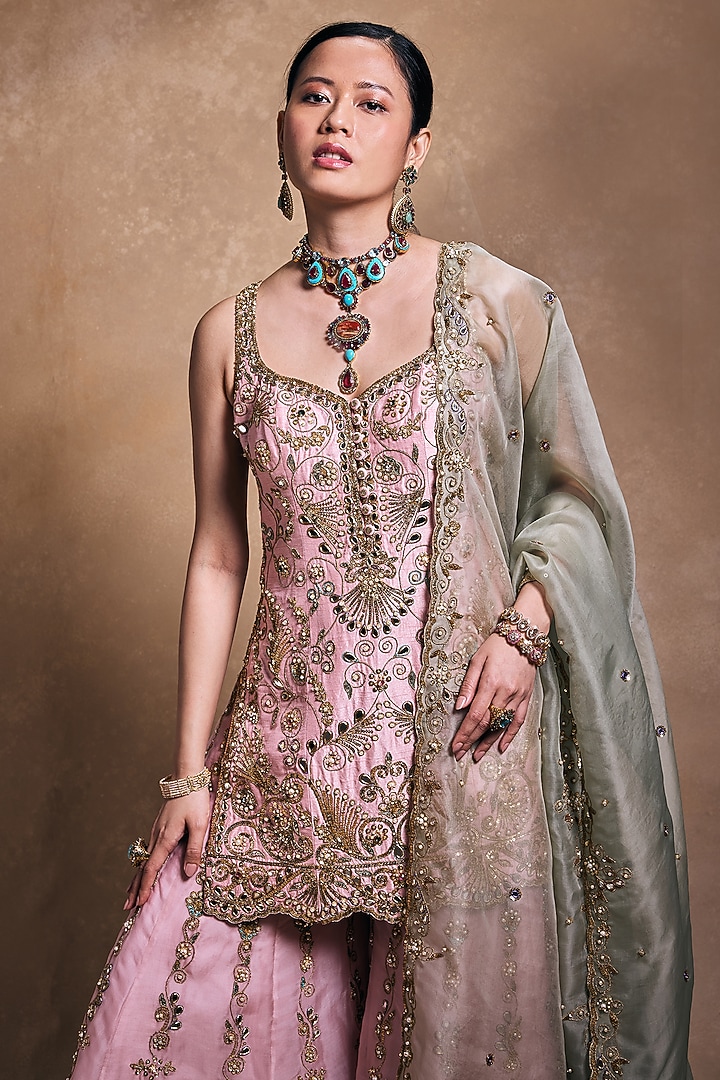 Blush Pink & Sage Green Raw Silk Embroidered Bridal Sharara Set by Tamanna Punjabi Kapoor at Pernia's Pop Up Shop