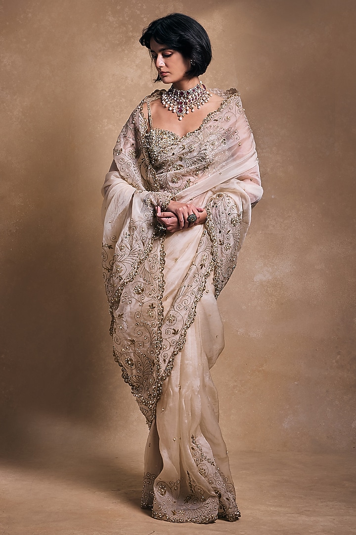 Cream Raw Silk & Organza Zari Embroidered Reception Saree Set by Tamanna Punjabi Kapoor at Pernia's Pop Up Shop