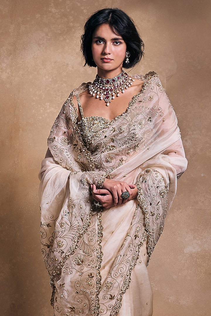 Cream Raw Silk & Organza Zari Embroidered Reception Saree Set by Tamanna Punjabi Kapoor at Pernia's Pop Up Shop