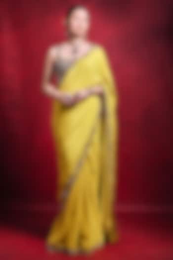 Yellow & Purple Crepe Zari Work Reception Saree Set by Tamanna Punjabi Kapoor at Pernia's Pop Up Shop