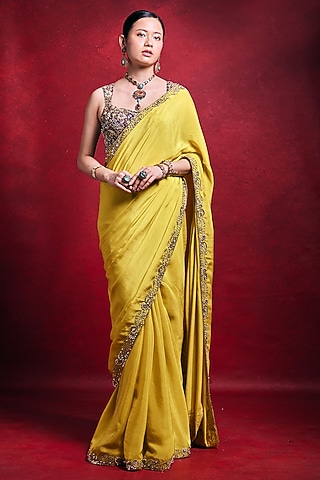Yellow & Purple Crepe Zari Work Saree Set by Tamanna Punjabi Kapoor