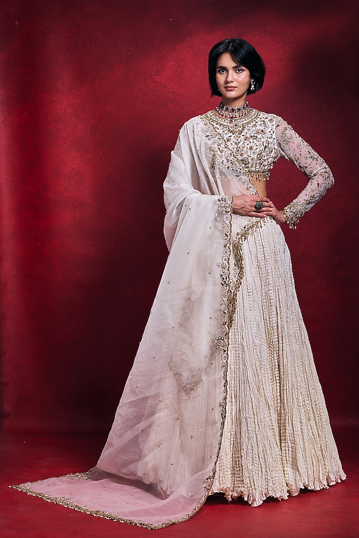 Ivory Habutai Silk & Organza Bridal Lehenga Set by Tamanna Punjabi Kapoor at Pernia's Pop Up Shop