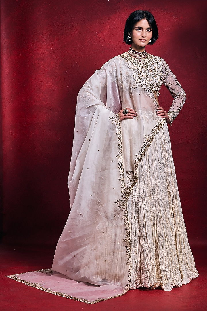 Ivory Habutai Silk & Organza Bridal Lehenga Set by Tamanna Punjabi Kapoor at Pernia's Pop Up Shop