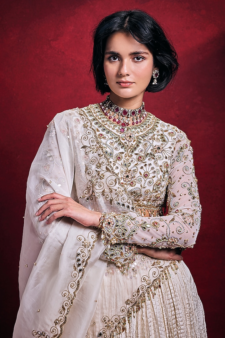 Ivory Habutai Silk & Organza Bridal Lehenga Set by Tamanna Punjabi Kapoor at Pernia's Pop Up Shop