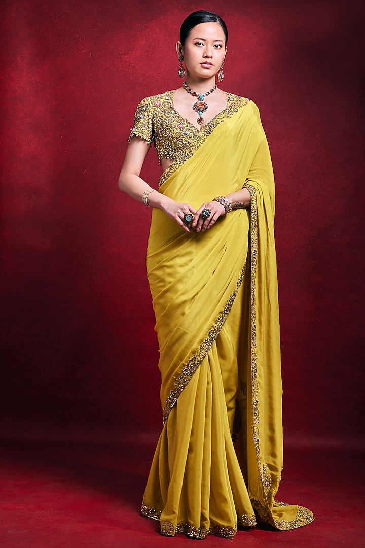 Yellow Crepe Dori Embroidered Reception Saree Set by Tamanna Punjabi Kapoor at Pernia's Pop Up Shop