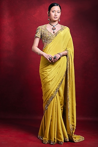 Yellow Crepe Dori Embroidered Saree Set by Tamanna Punjabi Kapoor