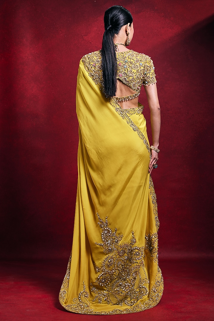 Yellow Crepe Dori Embroidered Reception Saree Set by Tamanna Punjabi Kapoor at Pernia's Pop Up Shop