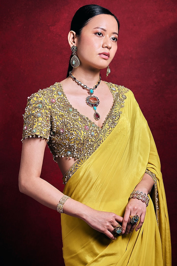 Yellow Crepe Dori Embroidered Reception Saree Set by Tamanna Punjabi Kapoor at Pernia's Pop Up Shop