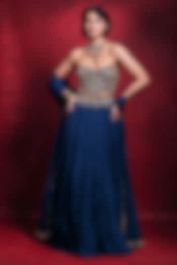 Royal Blue Habutai Silk Embroidered Bridal Lehenga Set by Tamanna Punjabi Kapoor at Pernia's Pop Up Shop