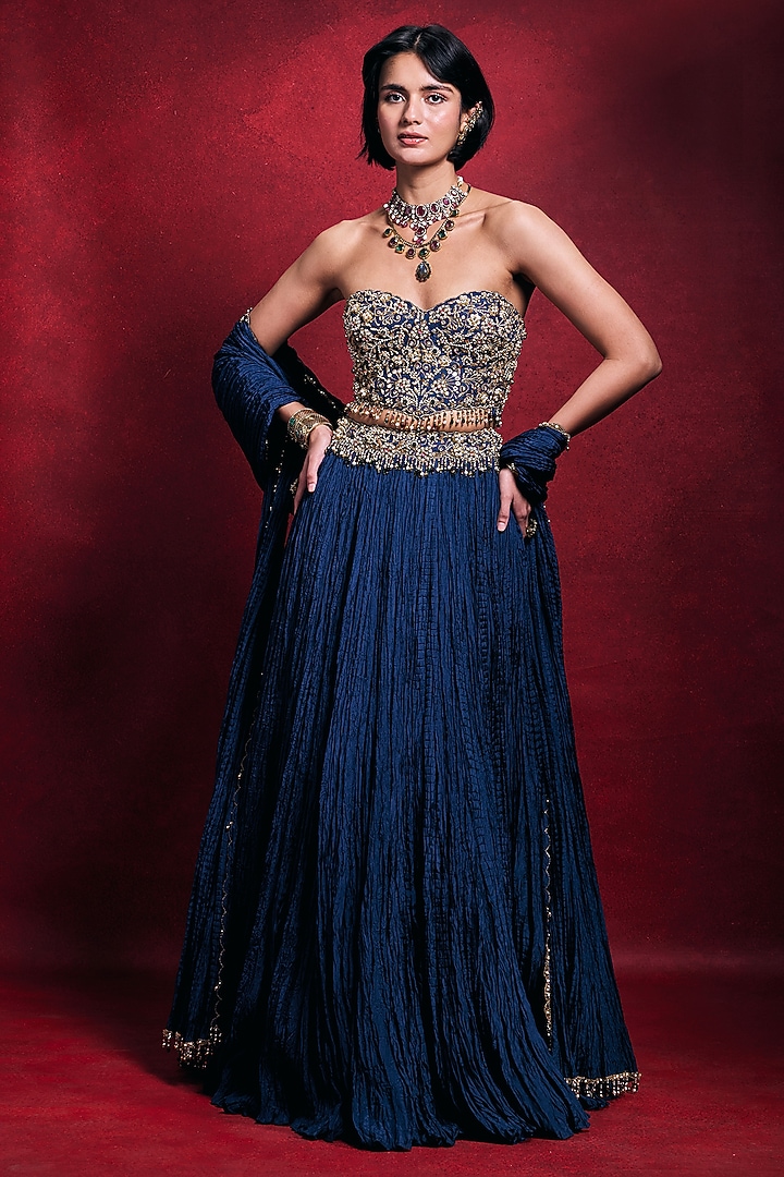 Royal Blue Habutai Silk Embroidered Bridal Lehenga Set by Tamanna Punjabi Kapoor at Pernia's Pop Up Shop