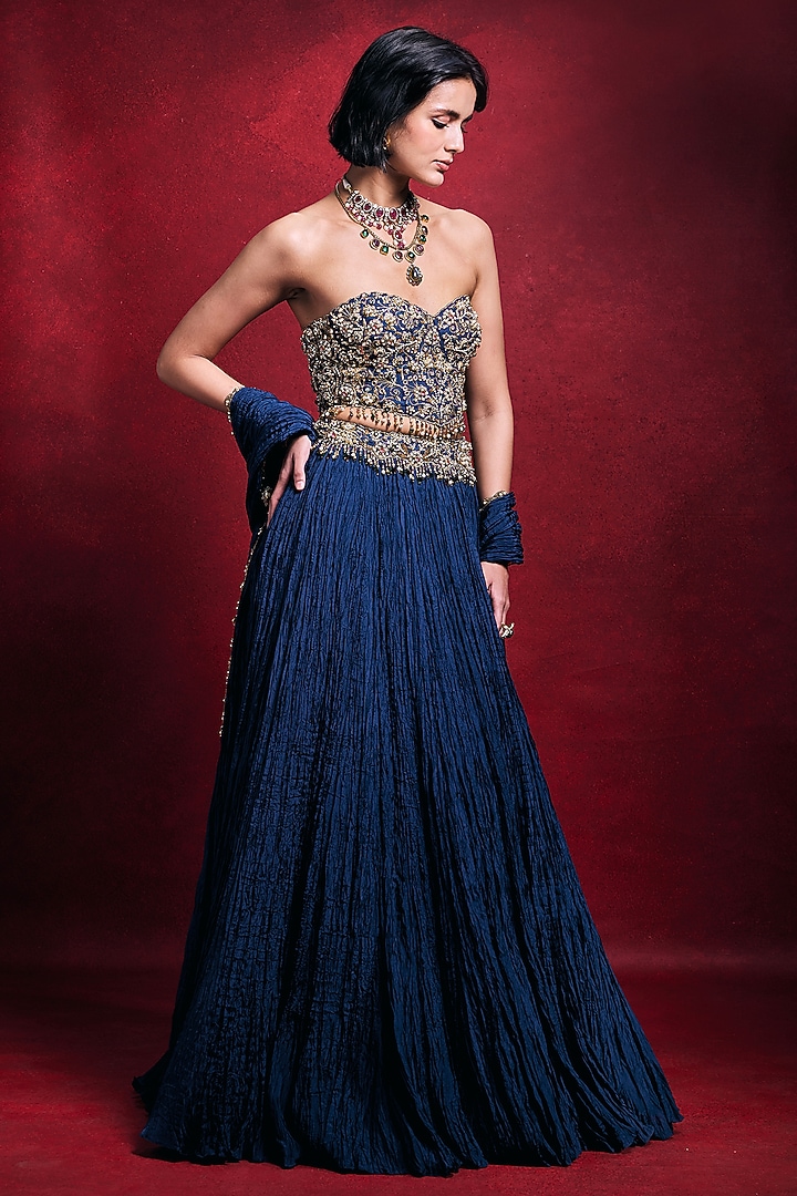 Royal Blue Habutai Silk Embroidered Bridal Lehenga Set by Tamanna Punjabi Kapoor at Pernia's Pop Up Shop