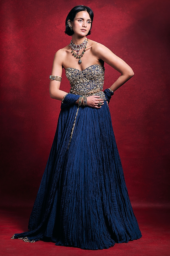 Royal Blue Habutai Silk Embroidered Bridal Lehenga Set by Tamanna Punjabi Kapoor at Pernia's Pop Up Shop